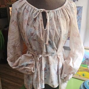 70's Handmade Floral Peasant Blouse with Tie Waist